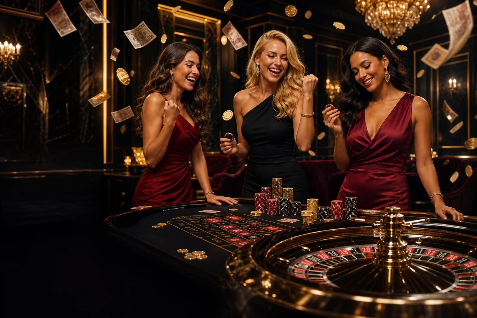 Luxury casino lounge with three adult guests, roulette, chips and gold coins
